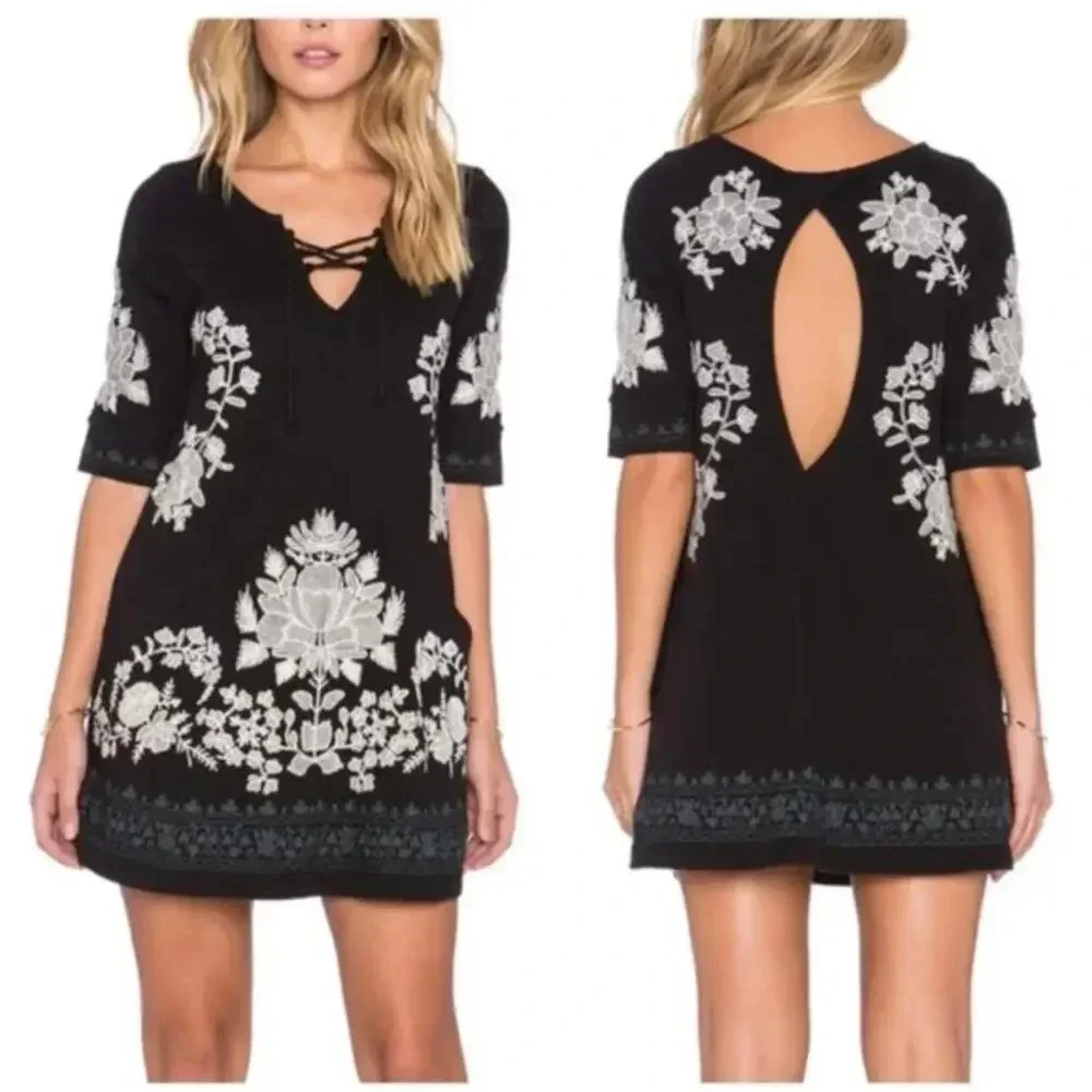 Free People‎ Talia Tunic Dress Embroidered Floral Black White Size Small Boho